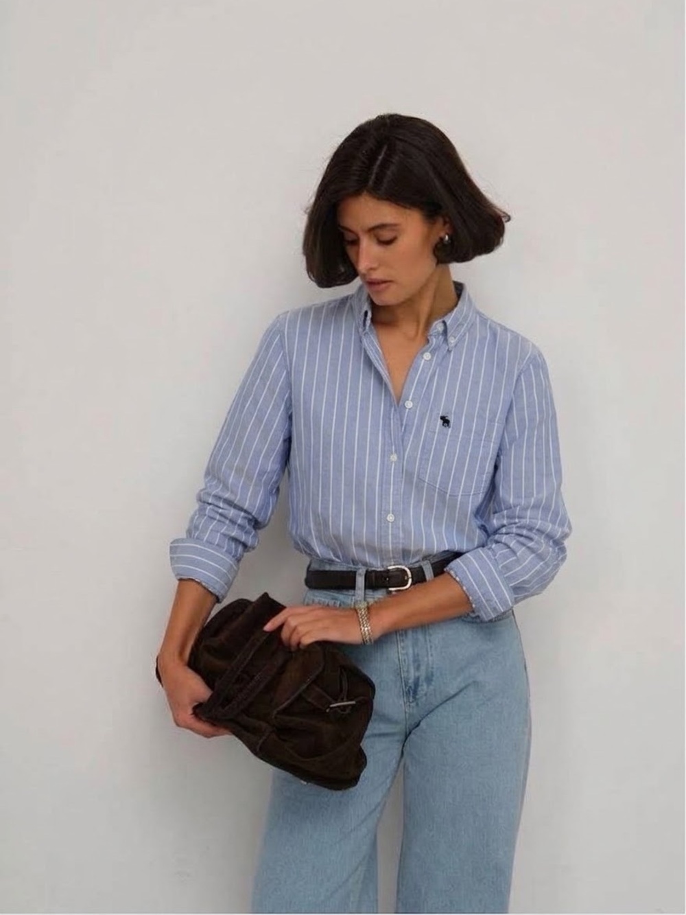 A&F Blue White Stripe Cotton Oxford Button Down XS Fall Basic